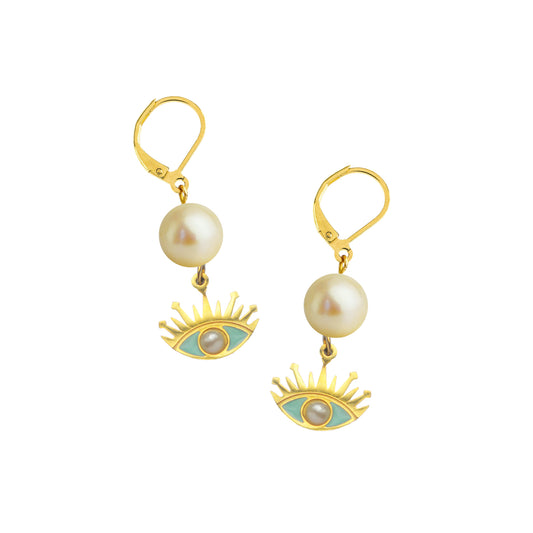 Laina Anti-Evil Eye Gold Dangle Earrings in Pearl