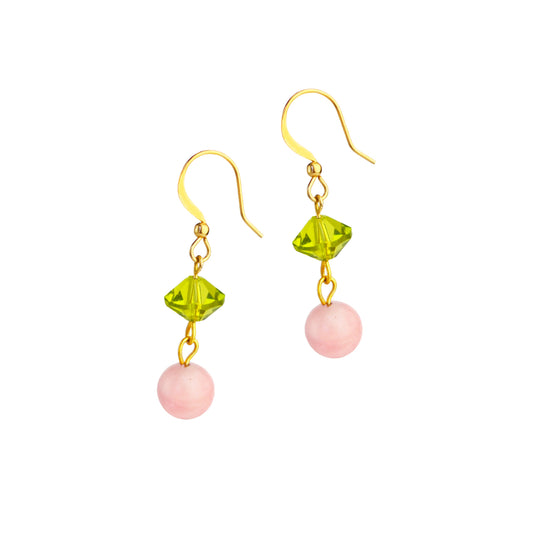 Lilly Gold Dangle Earrings in Peridot Crystal and Rose Quartz